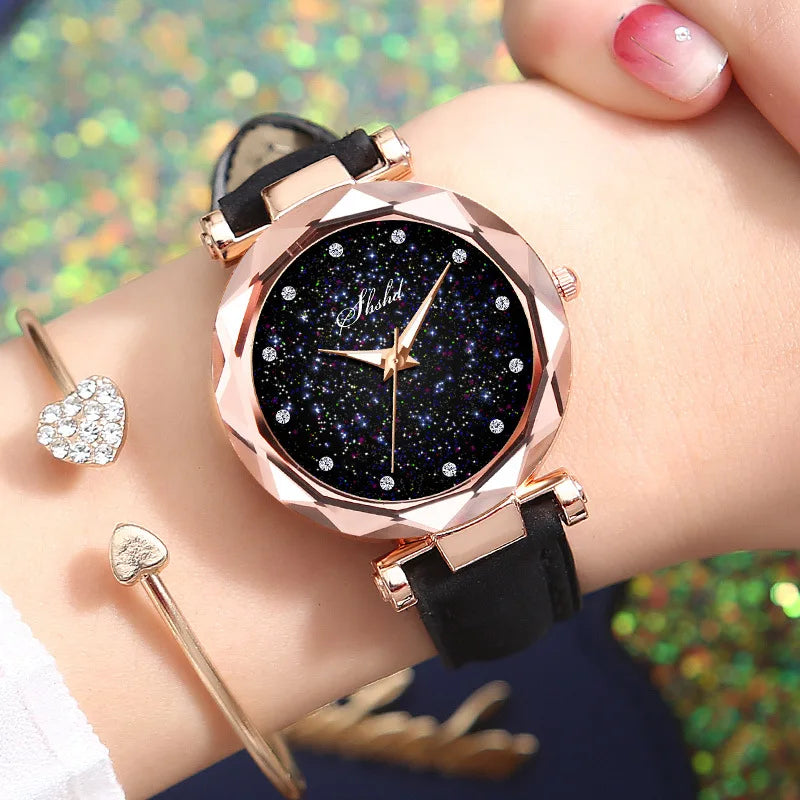 2PCS Bracelet Watch Set Luminous Starry Woman's Wristwatch Leather Belt Diamond Ladies Clock Fashion Female Watches montre femme