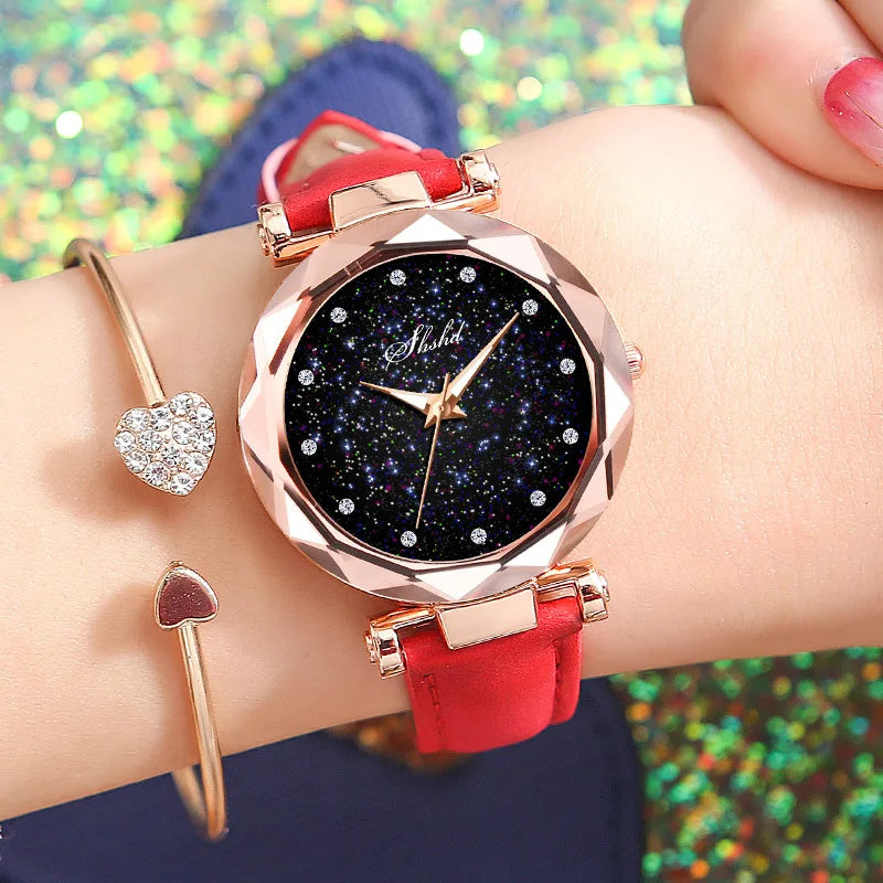 2PCS Bracelet Watch Set Luminous Starry Woman's Wristwatch Leather Belt Diamond Ladies Clock Fashion Female Watches montre femme