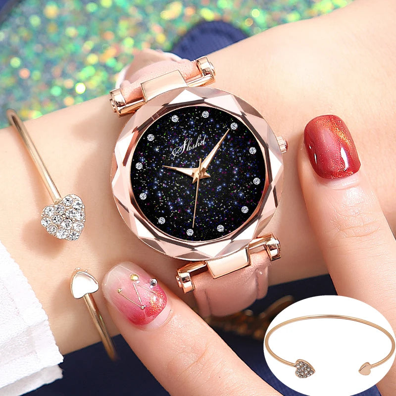 2PCS Bracelet Watch Set Luminous Starry Woman's Wristwatch Leather Belt Diamond Ladies Clock Fashion Female Watches montre femme