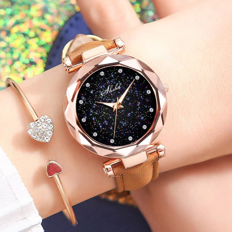 2PCS Bracelet Watch Set Luminous Starry Woman's Wristwatch Leather Belt Diamond Ladies Clock Fashion Female Watches montre femme