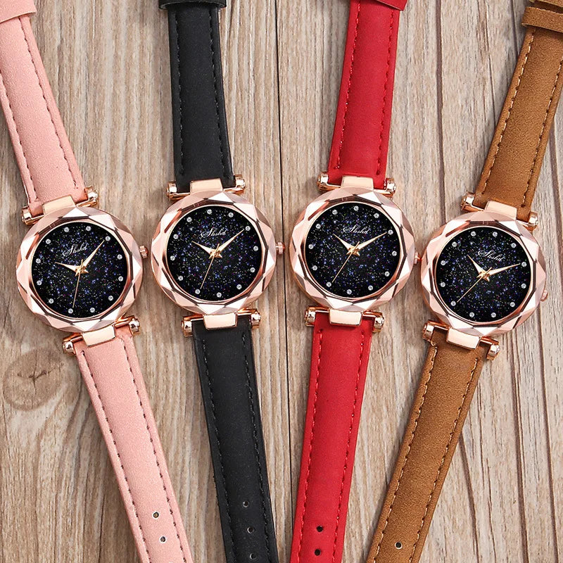 2PCS Bracelet Watch Set Luminous Starry Woman's Wristwatch Leather Belt Diamond Ladies Clock Fashion Female Watches montre femme