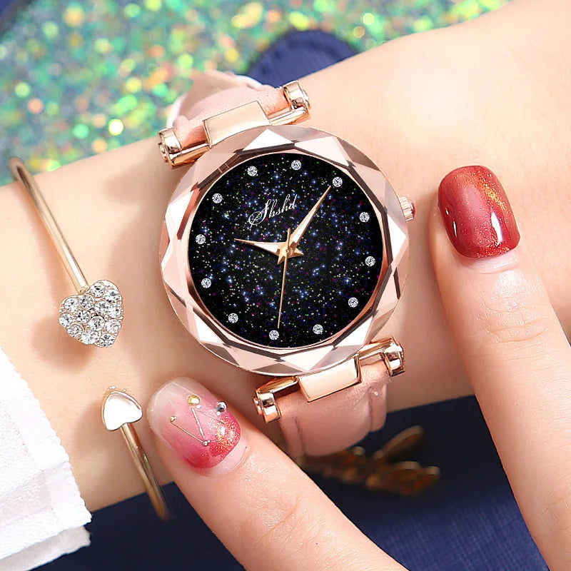 2PCS Bracelet Watch Set Luminous Starry Woman's Wristwatch Leather Belt Diamond Ladies Clock Fashion Female Watches montre femme