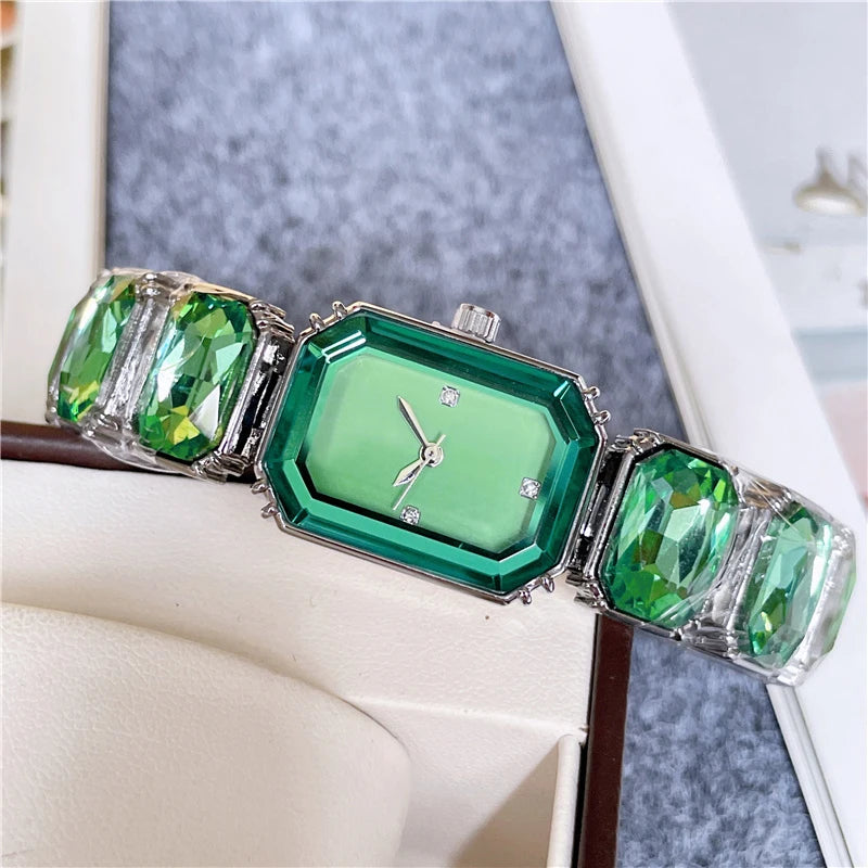 2024 Fashion Brand Wrist Watches Women Girl Beautiful Rectangle Colorful Gems Design Steel Metal Band Clock