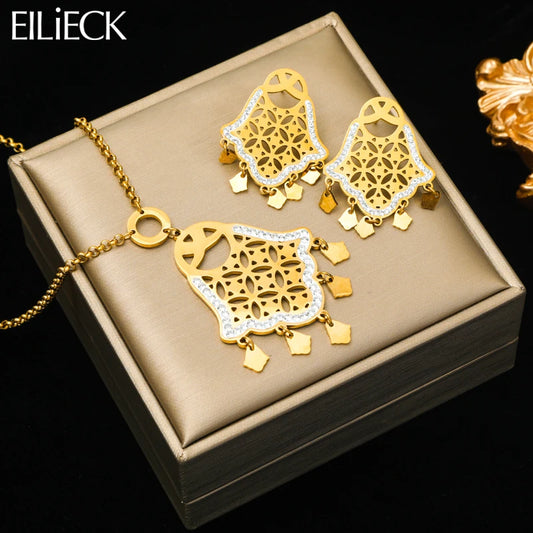 EILIECK 316L Stainless Steel Vintage Eye Hand Charms Necklace Earrings For Women Girl Fashion Non-fading Jewelry Set Gift Bijoux