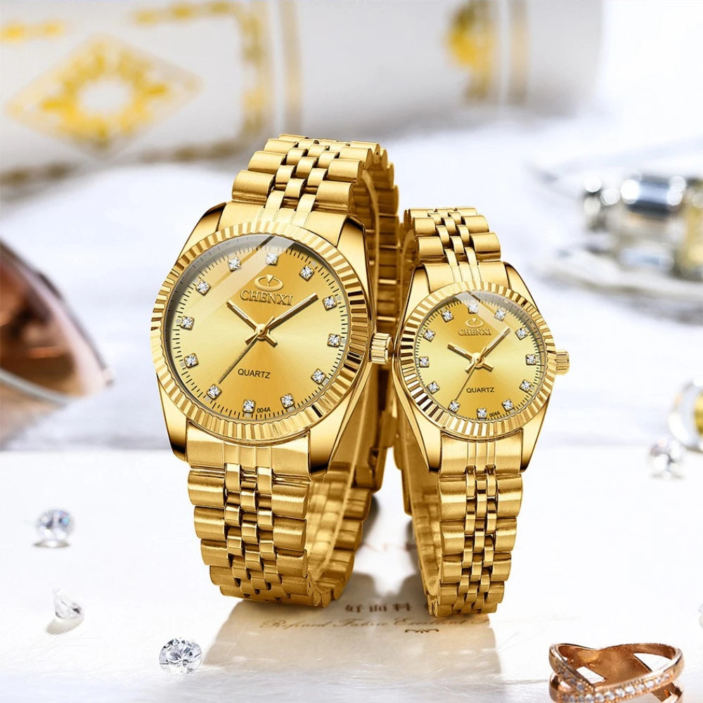 CHENXI Couple Watch Women Quartz Clock Luxury Golden Stainless Steel часы женские Relogio Femininoワンピース レディース Montre