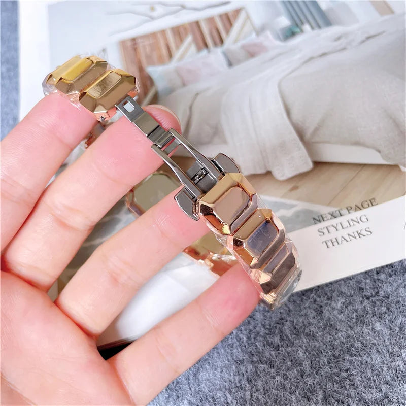 2024 Fashion Brand Wrist Watches Women Girl Beautiful Rectangle Colorful Gems Design Steel Metal Band Clock