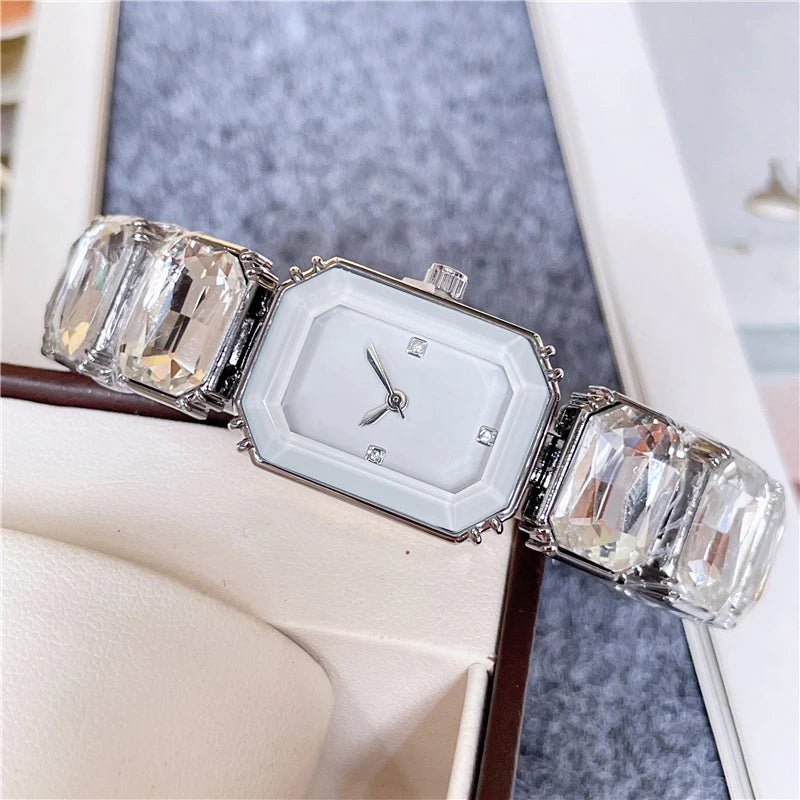 2024 Fashion Brand Wrist Watches Women Girl Beautiful Rectangle Colorful Gems Design Steel Metal Band Clock